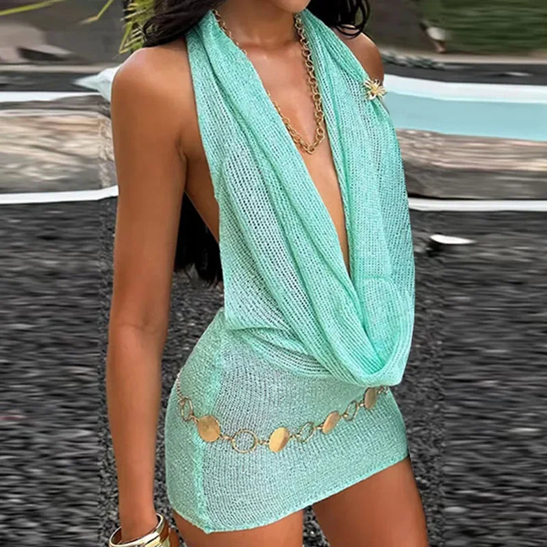 Glitter Halter Mini Dress Women Knit Backless Sleeveless Bodycon Party Club Dresses Female 2025 Summer Lady Fashion Y2K Robes