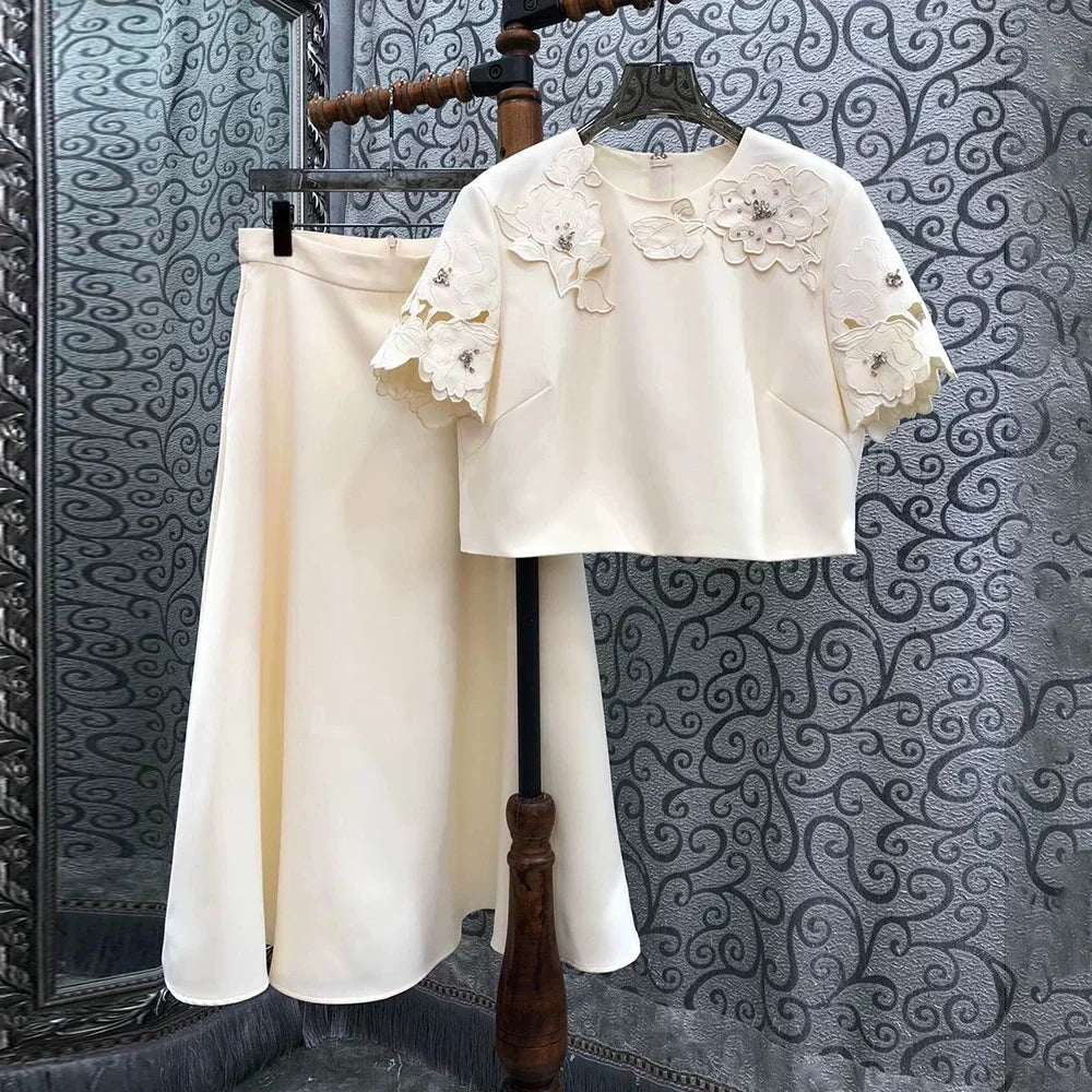 TWOTWINSTYLE Solid Fashion Two Piece Sets for Women Round Neck Short Sleeves Patcwork Applique Top High Waist Skirt Set Female