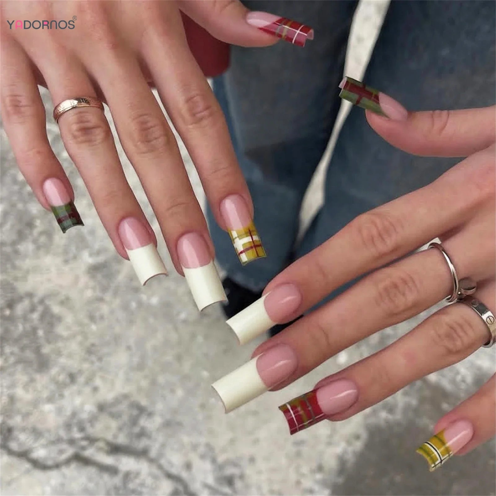 24Pcs White French False Nails Year Plaid Pattern Medium-length Coffin Press On Nails Women Girls DIY Charm Manicure