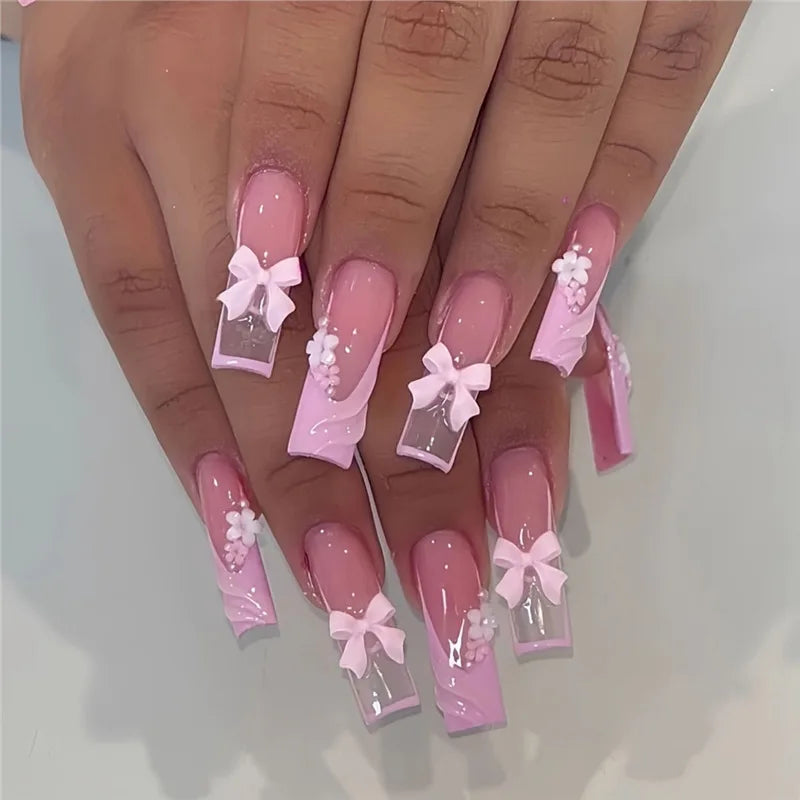 24pcs Finished Fake Nails Art Fashion Pink Bow Long Square False Nail Tips with Flower French Press on Nails Set Coffin Manicure