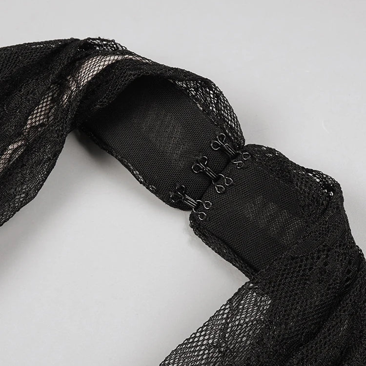 VC Black Mesh Patchwork Halter Long Dress For Women Long Sleeves Lace Embroidery Mermaid Bodycon Party Evening Gown