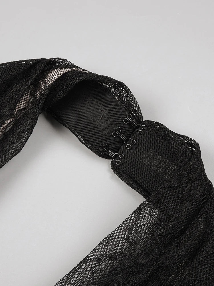 VC Black Mesh Patchwork Halter Long Dress For Women Long Sleeves Lace Embroidery Mermaid Bodycon Party Evening Gown