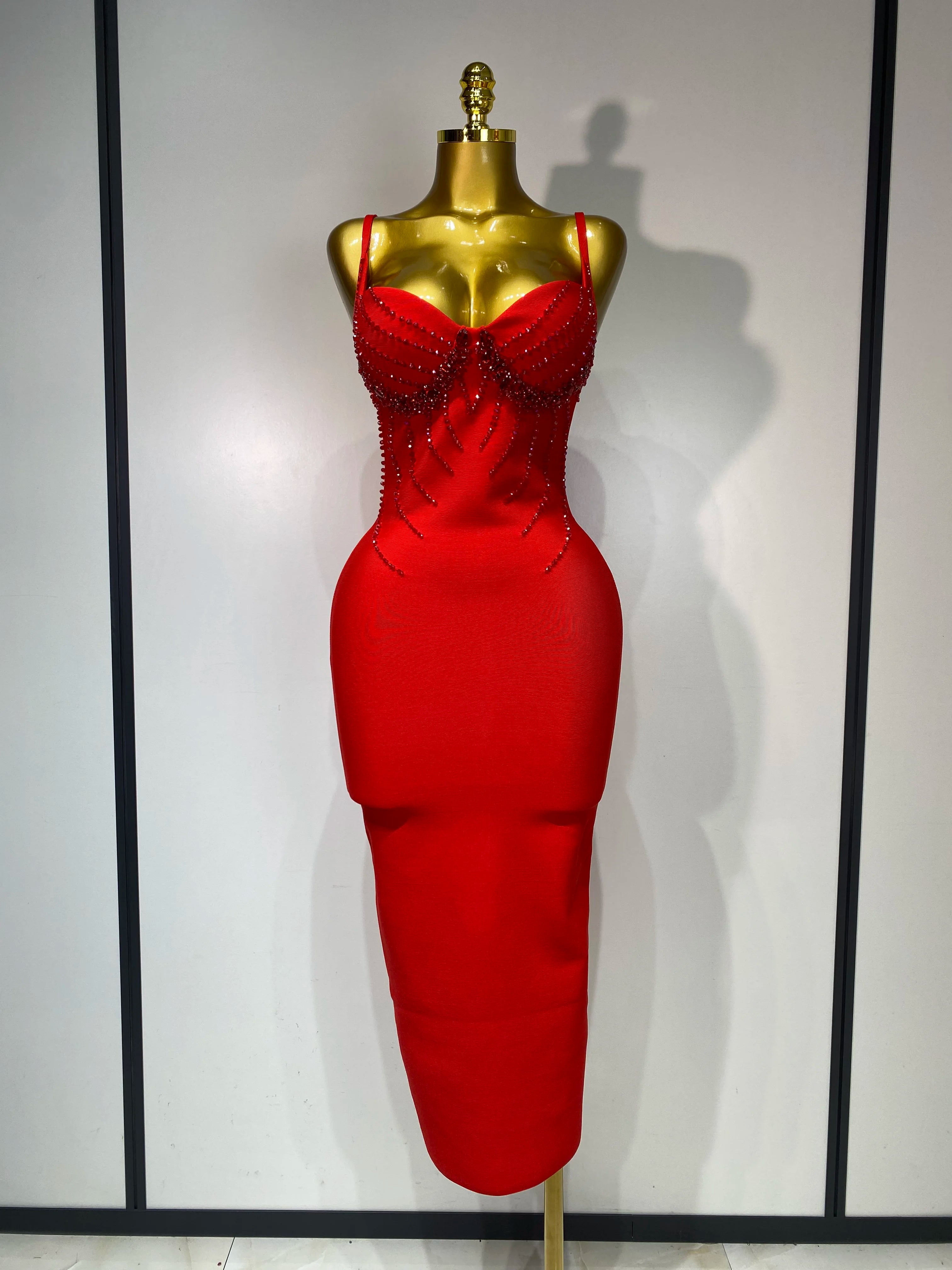 Women Sexy Backless Beading V Neck Bodycon Bandage Dress Club Party Celebrity Elegant Luxury Birthday Dresses Wedding Guest Gown