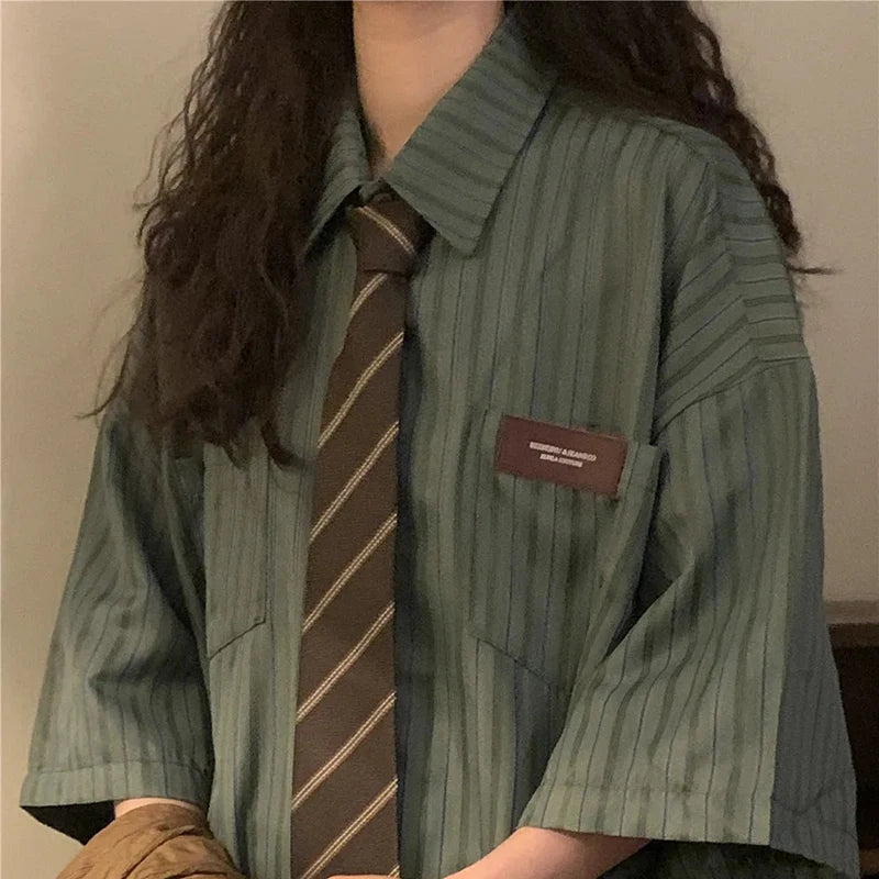 Vintage Striped Women with Tie Blouses Harajuku Oversized Loose Preppy Tops Japanese Summer Fashion Long Sleeve Shirts green