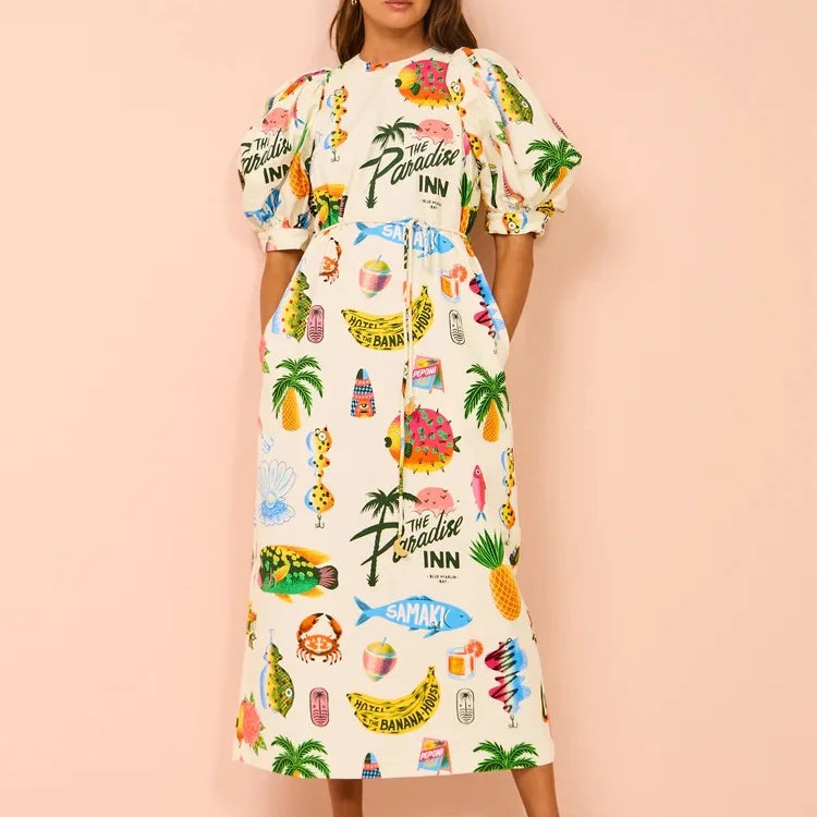 Women Hawaii Holiday Print Long Dress Short Sleeve Sashes Empire Waist Loose Vintage Retro Ladies Summer Beach Drsses NEW