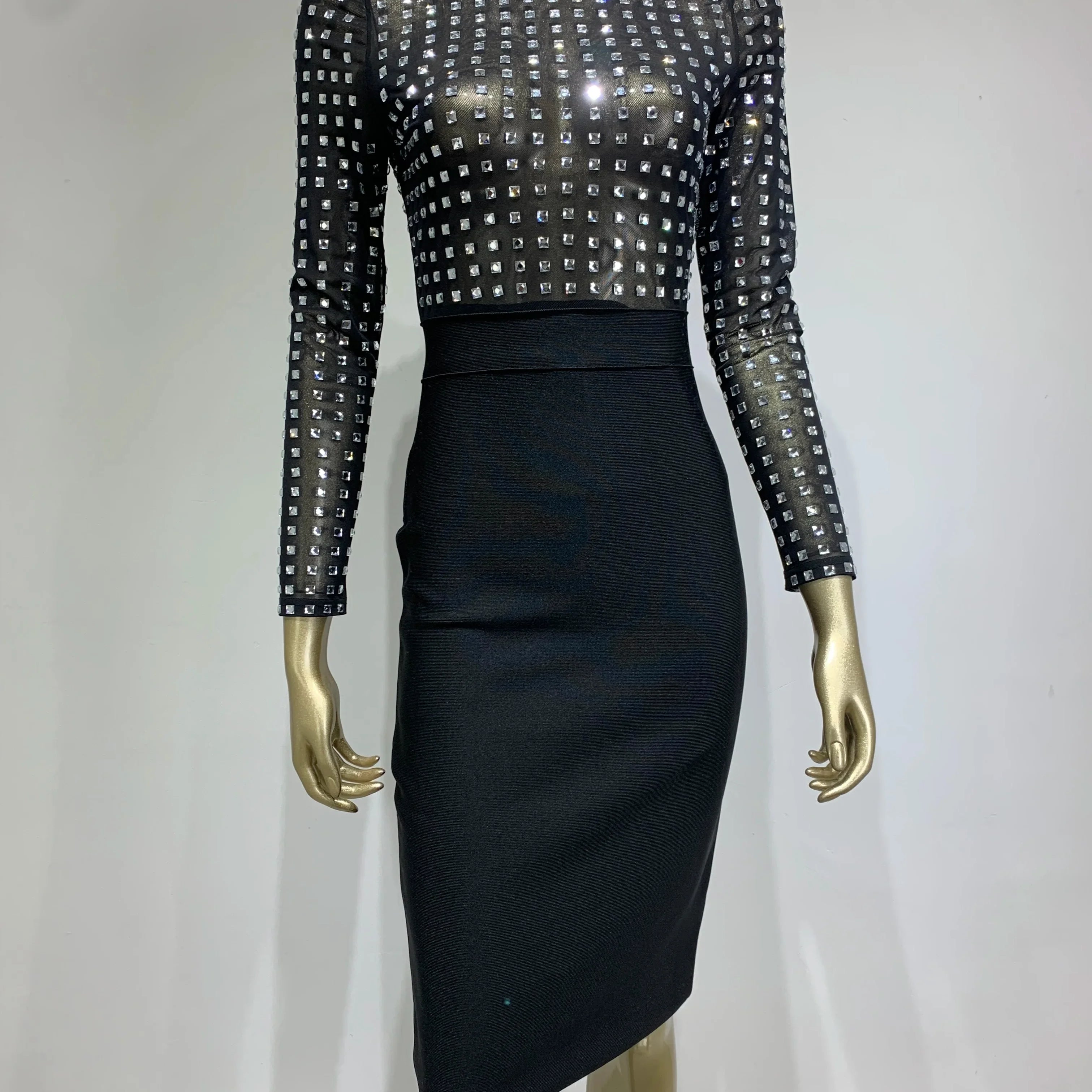 est Women Celebrity Sexy Turtleneck Rhinestone Black Midi Bodycon Bandage Dress Elegant Evening Club Party Dress
