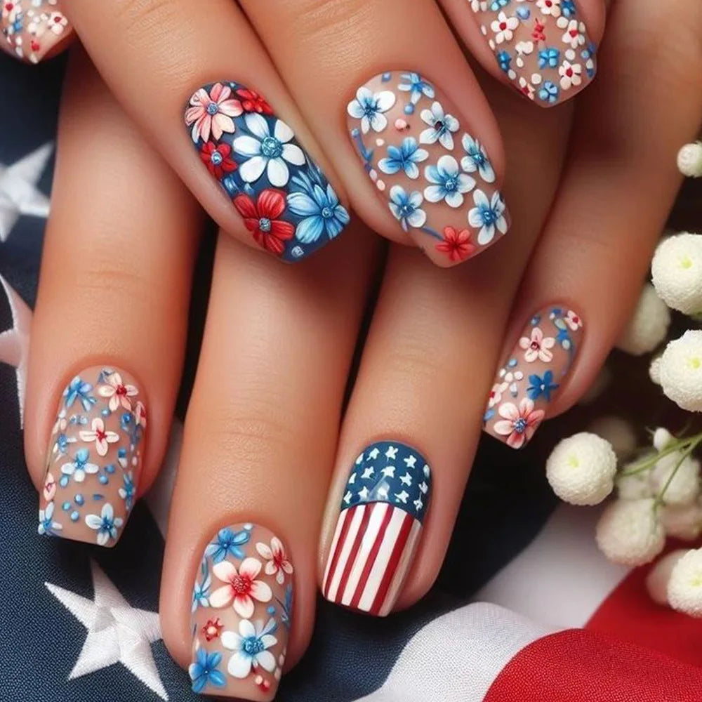 24Pcs Blue French Fake Nail Mid-length Square Ballet False Nail Art with White Flowers Wearable Finished Patch Nail Set Press On