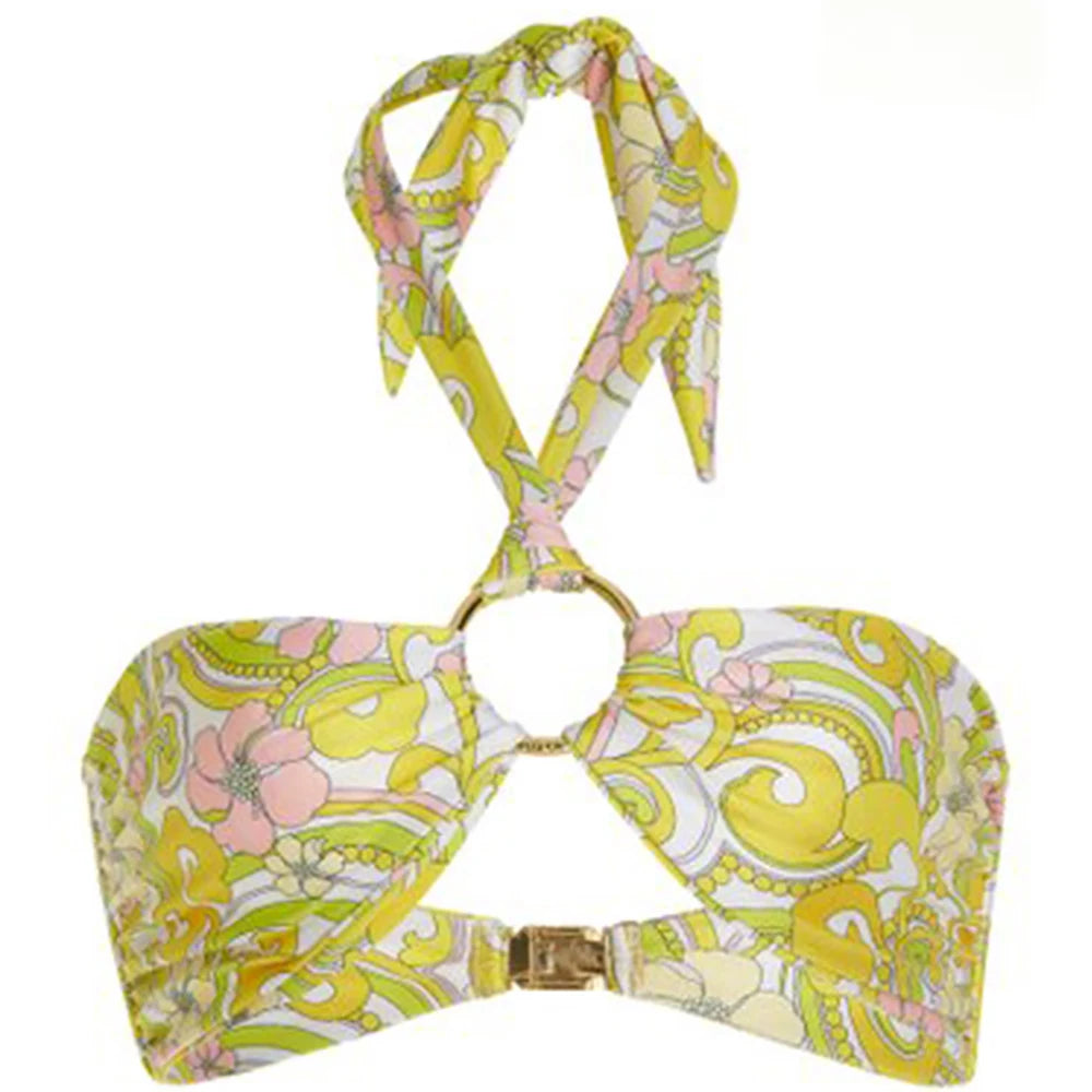 Yellow Printed Patchwork Swimsuit Women Three-Piece Swimwear High Waist Slim Fit Strap Bikini Sexy Fashion Beachwear Backless