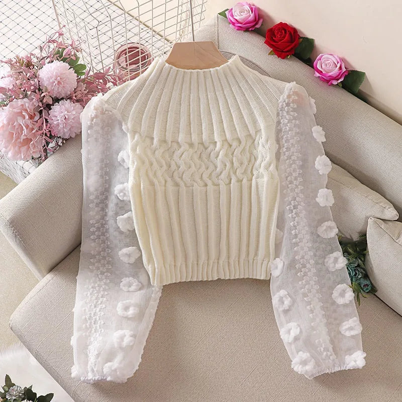 Women Half High Collar Sweaters Jumper Bubble Sleeve Mesh Stitching Tight Slim Short Knitted Tops Sweet Flowers Chiffon Shirt W