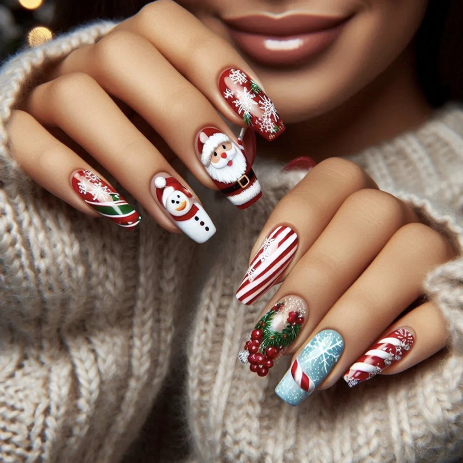 Long Coffin Fake Nails for Christmas Party 24Pcs Red Striped Printed Press On Nails with Santas/Snowman/Snowflake Designs