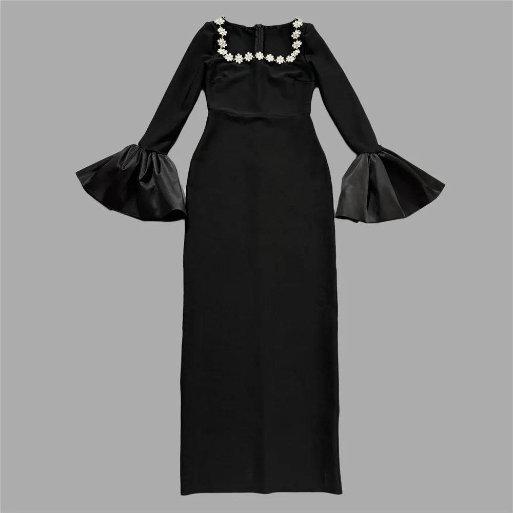 High Quality Women Long Sleeve Sexy Square Collar Shinning Crystal Bodycon Long Bandage Dress Celebrate Evening Party Outfit