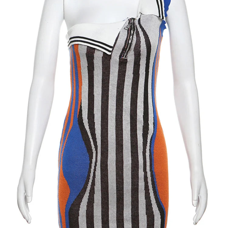 Weird Puss Irregular Dress Women Zipper One Shoulder Stripe Sleeveless Stretch Summer Chic Polo Neck Trend Street Mini Bodycon