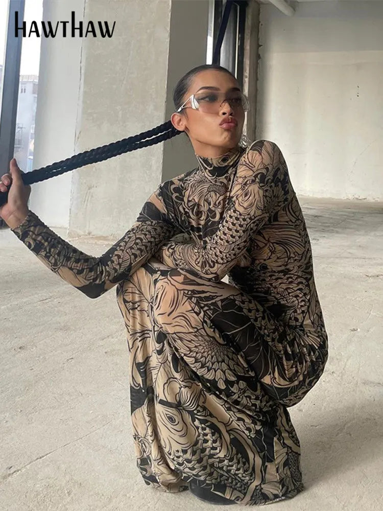 Women Autumn Winter Long Sleeve Mesh See Through Streetwear Bodycon Long Dress