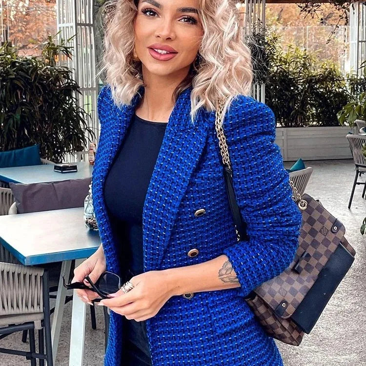 Women's Double-Breasted Tweed Jacket Fall And Winter New Fashion Blazer Retro Long-Sleeved Flap Pockets Women's Top Jacket