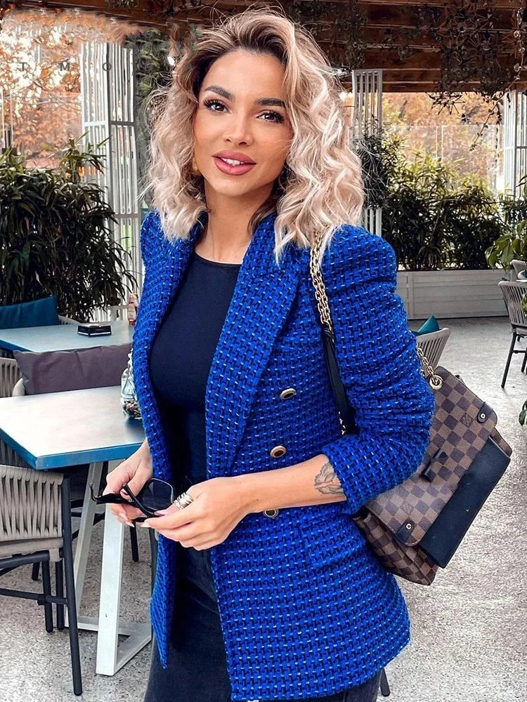 Women's Double-Breasted Tweed Jacket Fall And Winter New Fashion Blazer Retro Long-Sleeved Flap Pockets Women's Top Jacket