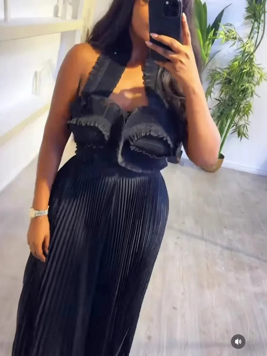 CM.YAYA Streetwear Women's Set Sleeveless Halter Crop Pleated Top+Wide Leg Pants Elegant 2024 Fall Party Two 2-Piece Set Outfits black One Size