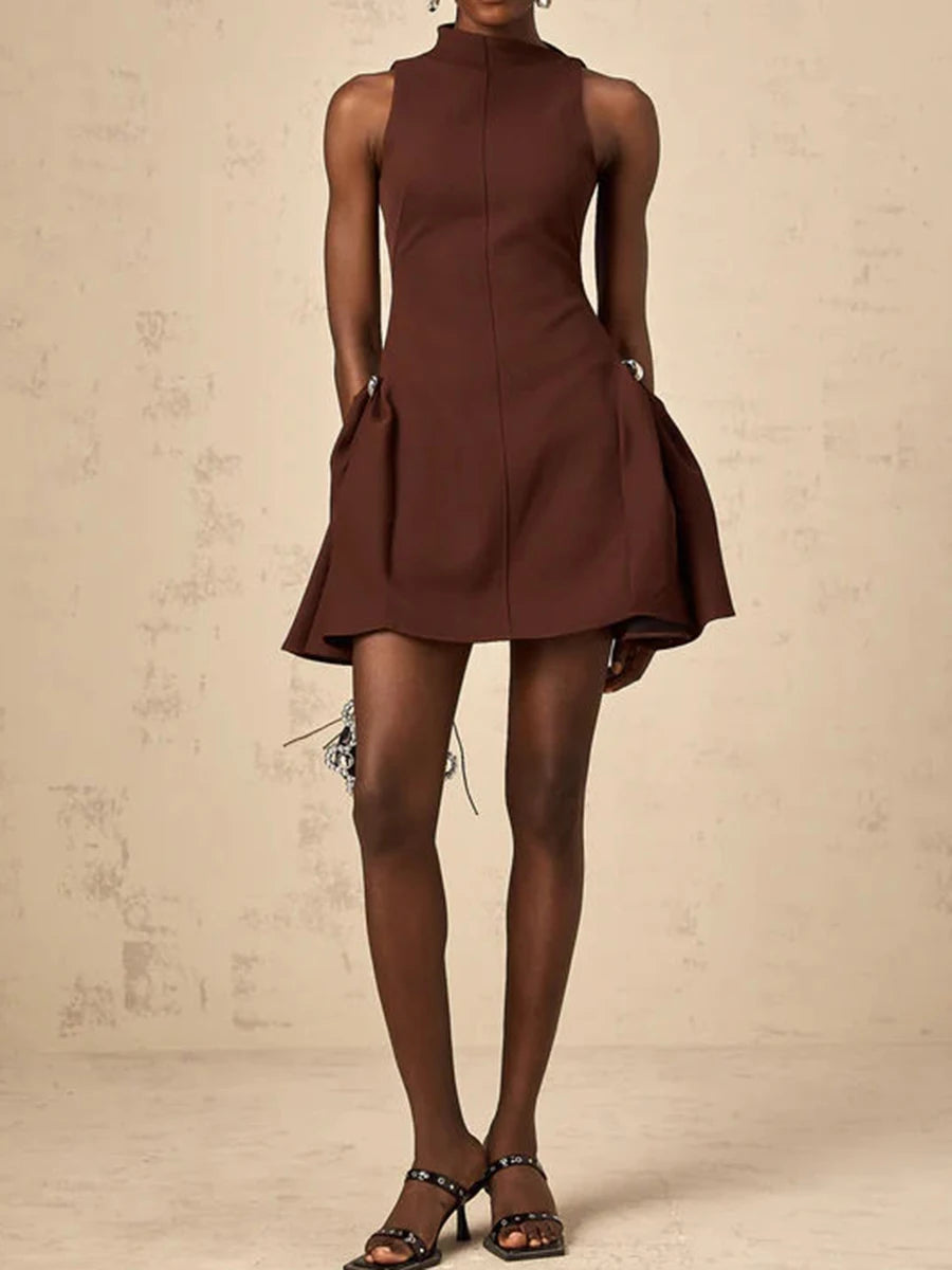 TWOTWINSTYLE Solid Slimming Elegant Mini Dresses for Women Round Neck Sleeveless Patchwork Folds Tunic Dress Female Clothing New