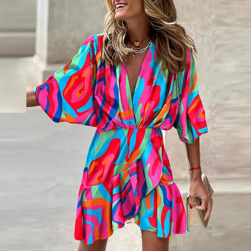 Elegant V Neck Lace Up Printed Dress Women Short Sleeve Mini Dress Women Fashion Ruffle Design Summer Flower Female Vestidos 02