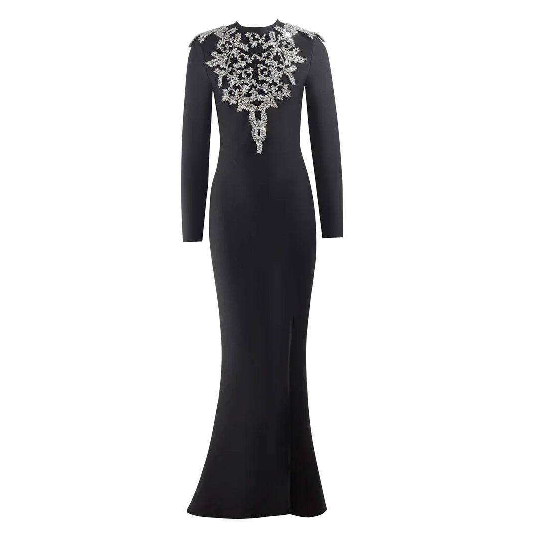Sparkly Crystal Women Long Sleeve Sexy O-Neck Bodycon Long Bandage Dress Celebrate Elegant Evening Party Outfit