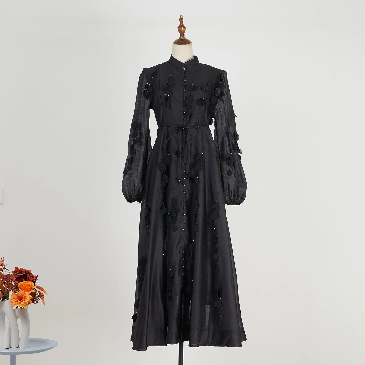 Luxury Beaded Appliques Flower Belt Mesh Dress Women Pearl Button Single Breasted Long Lantern Sleeve Prom Wedding Party Vestido