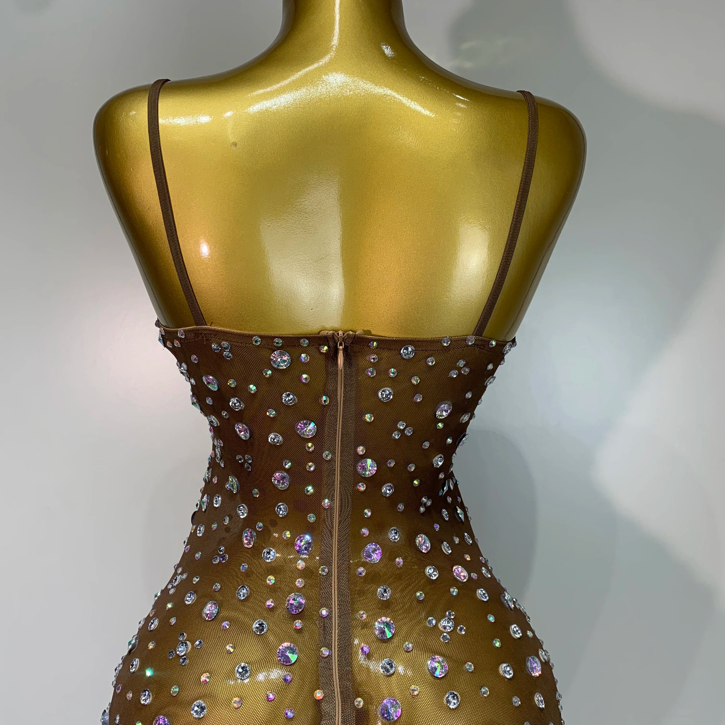 Sparkly Rhinestone Stretchy Mesh See Through Dress Women 2025 Performance Dancer Costume Luxury Birthday Nightclub Stage Outfit