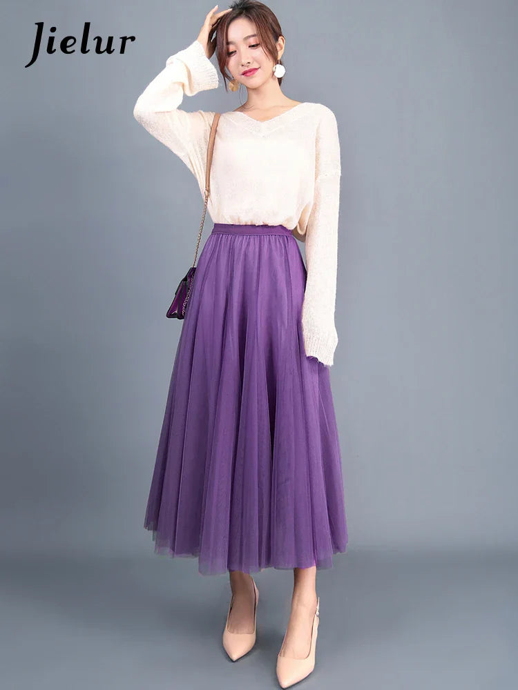 Jielur Skirts Womens Autumn 3 Layers Princess Tulle Mesh Pleated Skirt Saia Female Jupe Summer Tutu Skirts Faldas Mujer Moda dark purple One Size
