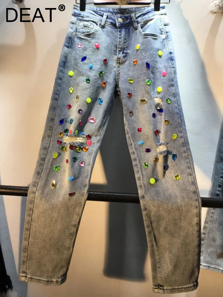 Women's Jeans Diamond Studded Beads Broken Hole Tassel High Waist Loose Denim Long Pants Autumn Fashion