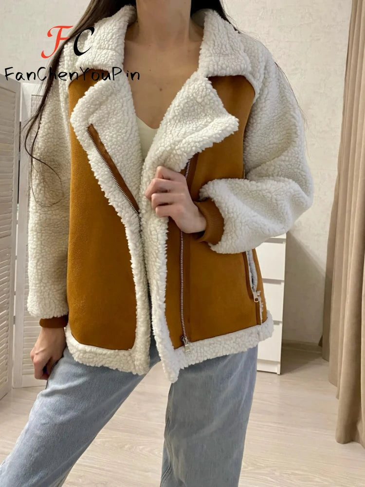 Spring Women's Coat Fashion Imitation Lamb Wool Long Sleeved Loose Top Temperament Vintage Casual Patchwork Soft Jacket