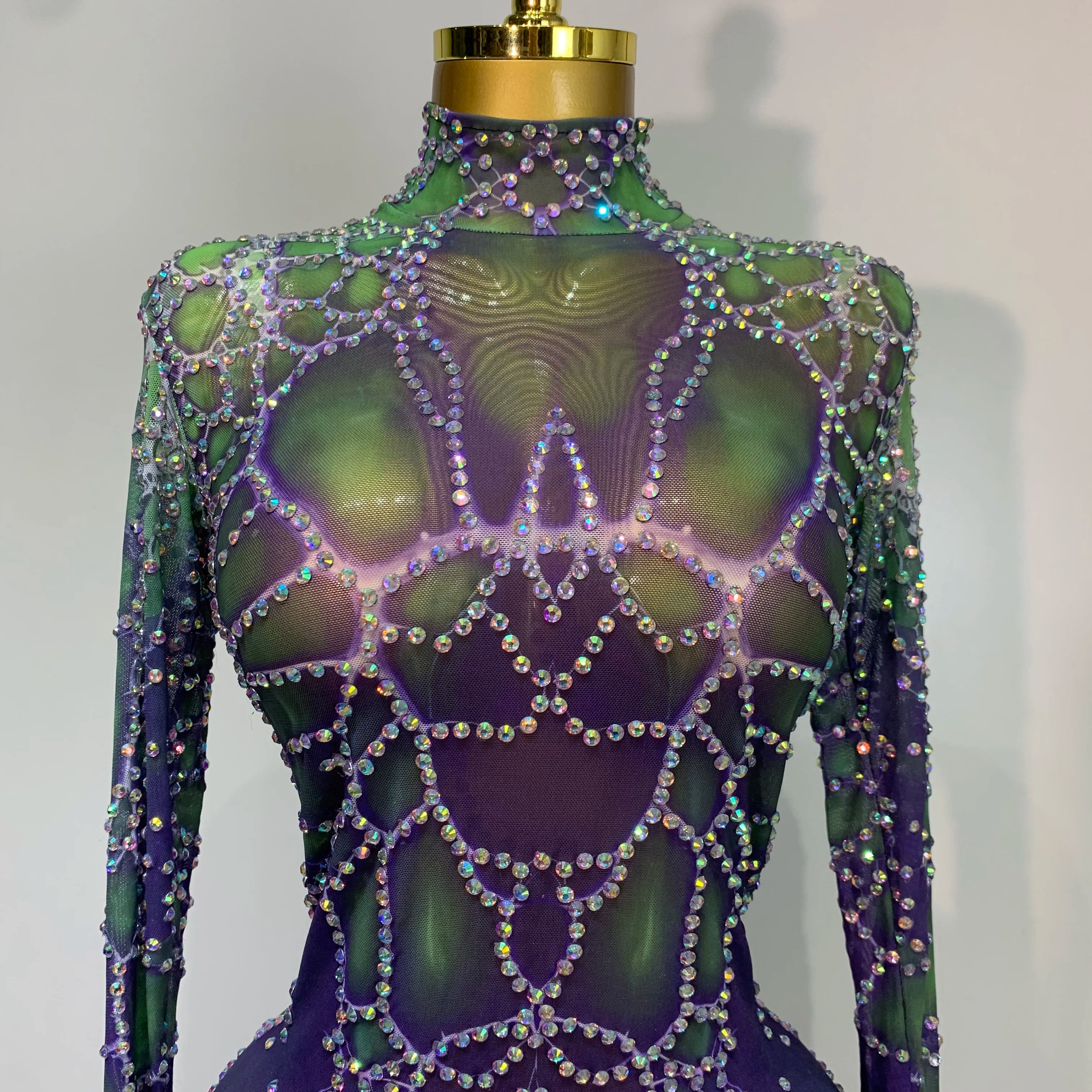 Women Sparkly Rhinestones Mesh Bodycon Jumpsuit Singer Stage Performance Dance Costume Nightclub Party Luxury Birthday Outfit