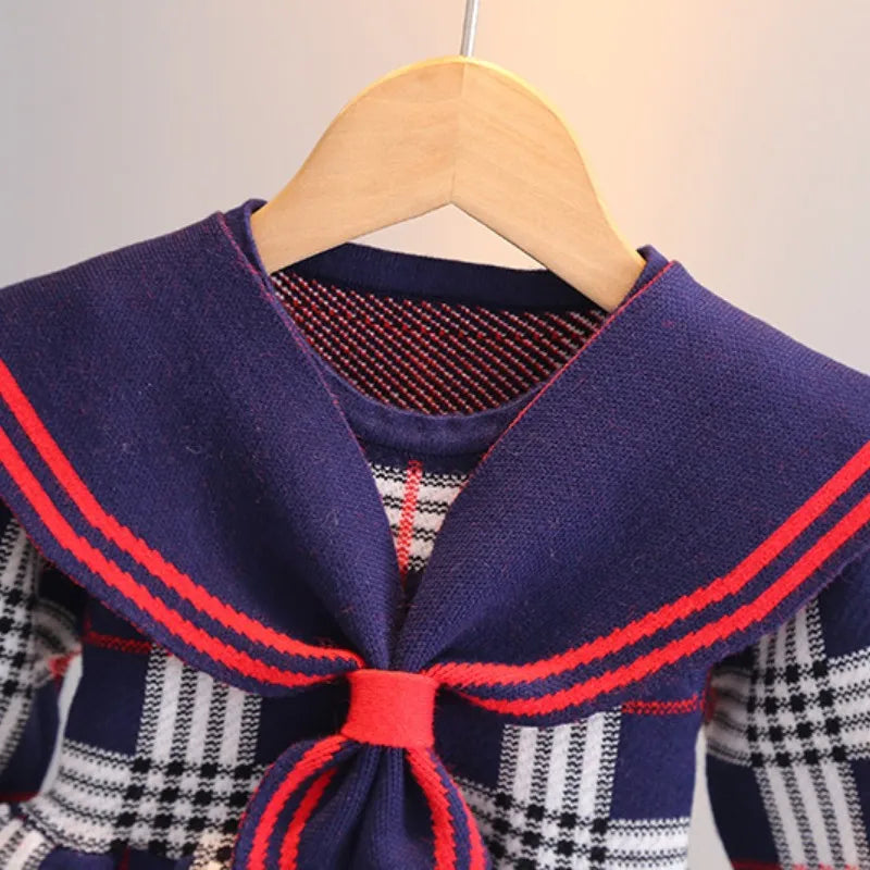 Toddler Girl Sweater Dress New Autumn Winter Warm 0-7Y Girls Plaid Knitted Sweater Dress Bow College Style Kids Clothes