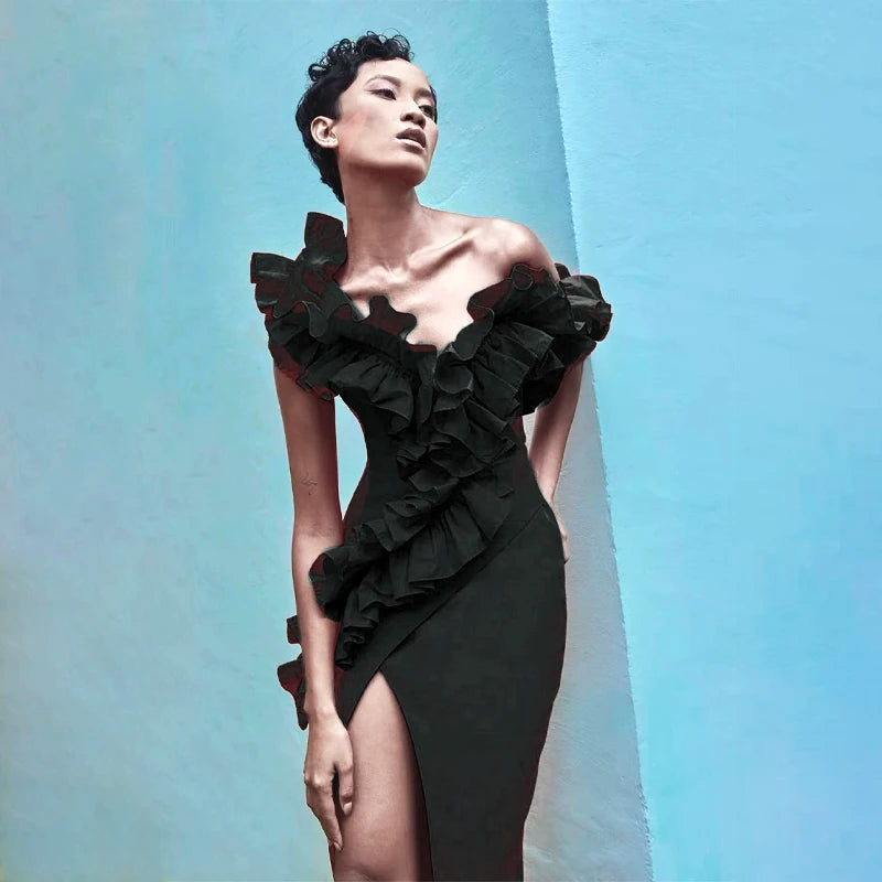 Red Black Women Sleeveless Off the Shoulder Ruffles Bodycon Bandage Mid-calf Dress Nightclub Party Celebrate Evening Dress