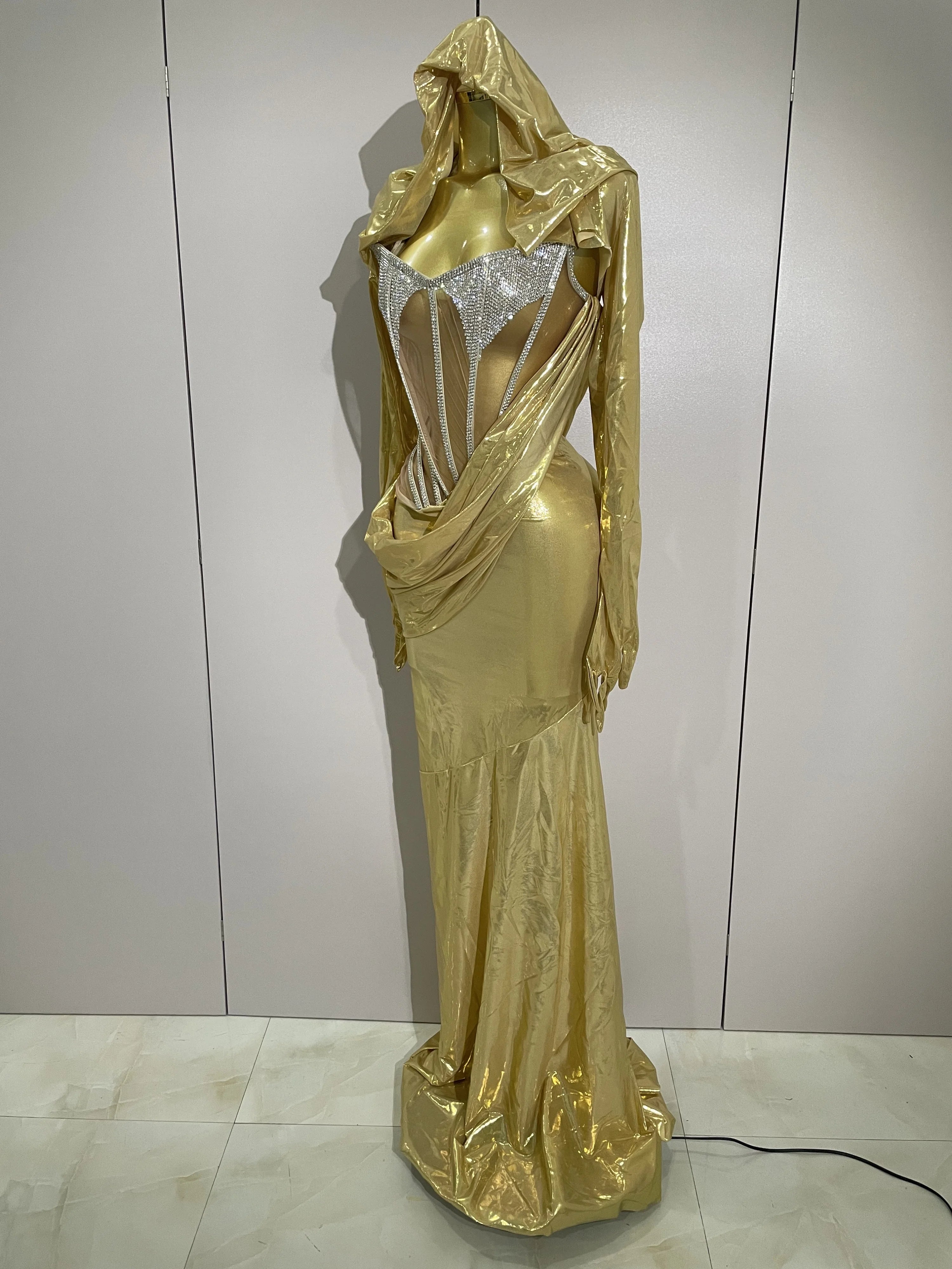 Vestido longo sexy com diamantes brilhantes, conjunto de duas peças feminino para festa em boate, comemoração, dança, cantora, performance, traje de palco