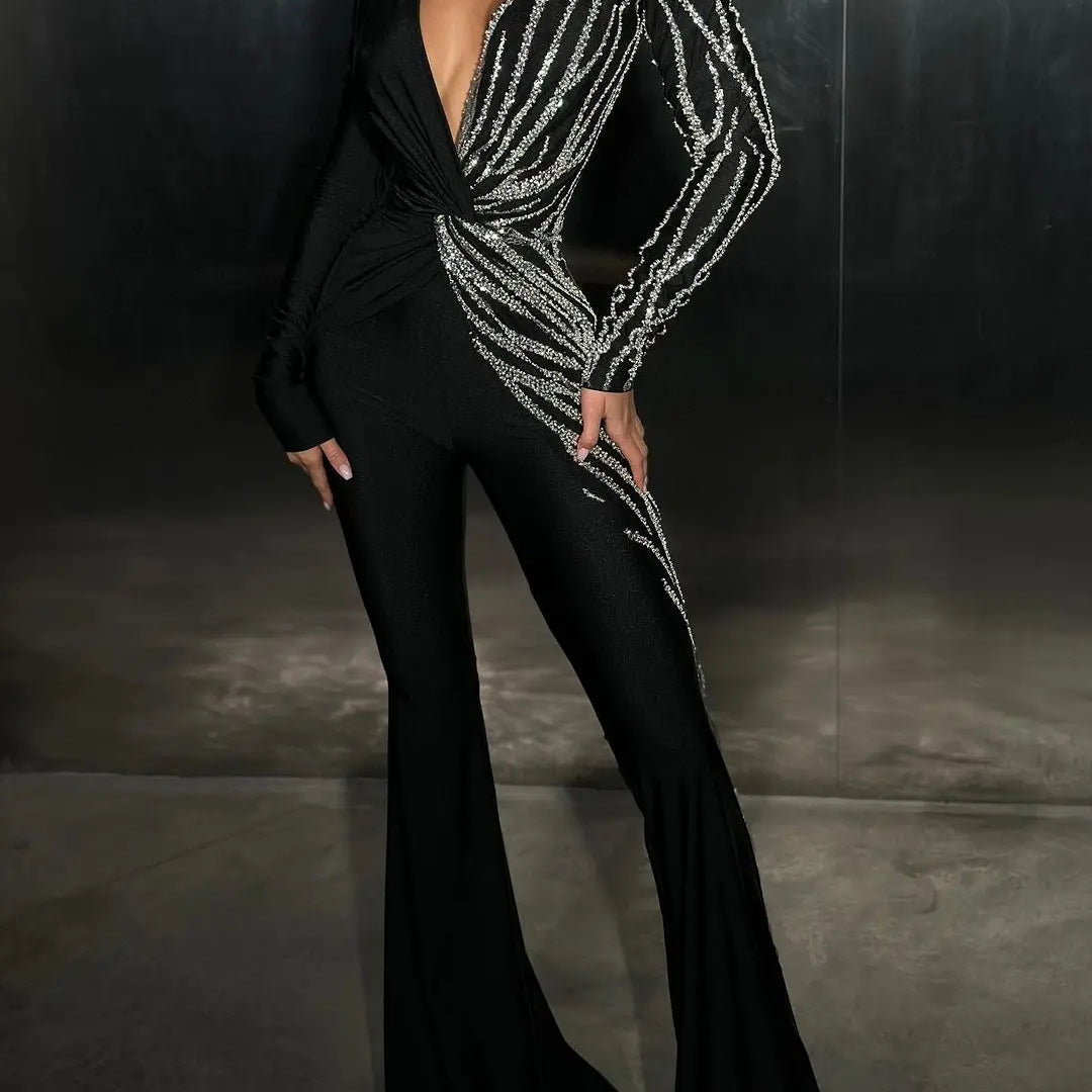 Macacão longo feminino preto com manga comprida e strass brilhantes e decote em V, moda comemorativa para escritório e festa à noite