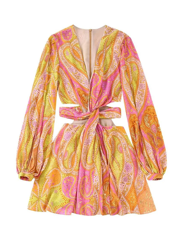 Willshela Women Fashion Printed Hollow Out Back Zipper Mini Dress Vintage V-Neck Long Sleeves Female Chic Lady Dresses