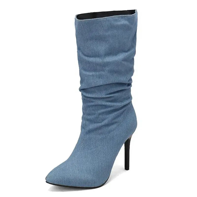 SIMLOVEYO Brand Women Mid Calf Boots Pointed Toe Stiletto 10CM Slip On Sexy Dating Female Booty 44 45 46 47 48