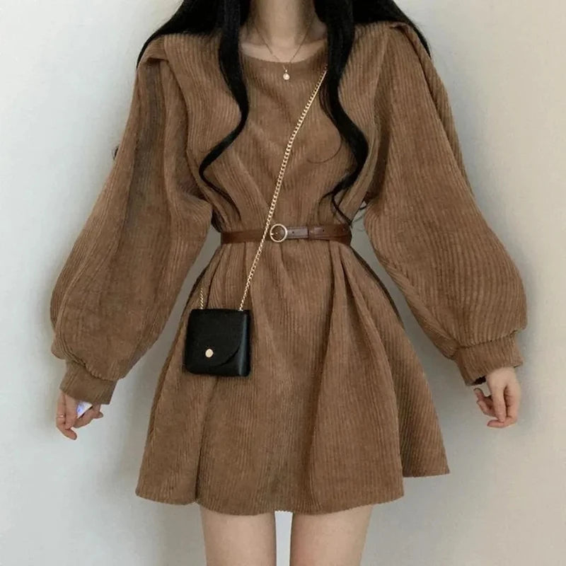 Corduroy Dress Women Vintage Belt Slim Long Sleeve Mini Dresses Fashion Elegant Solid O Neck Chic Streetwear Fall Winter brown-belt