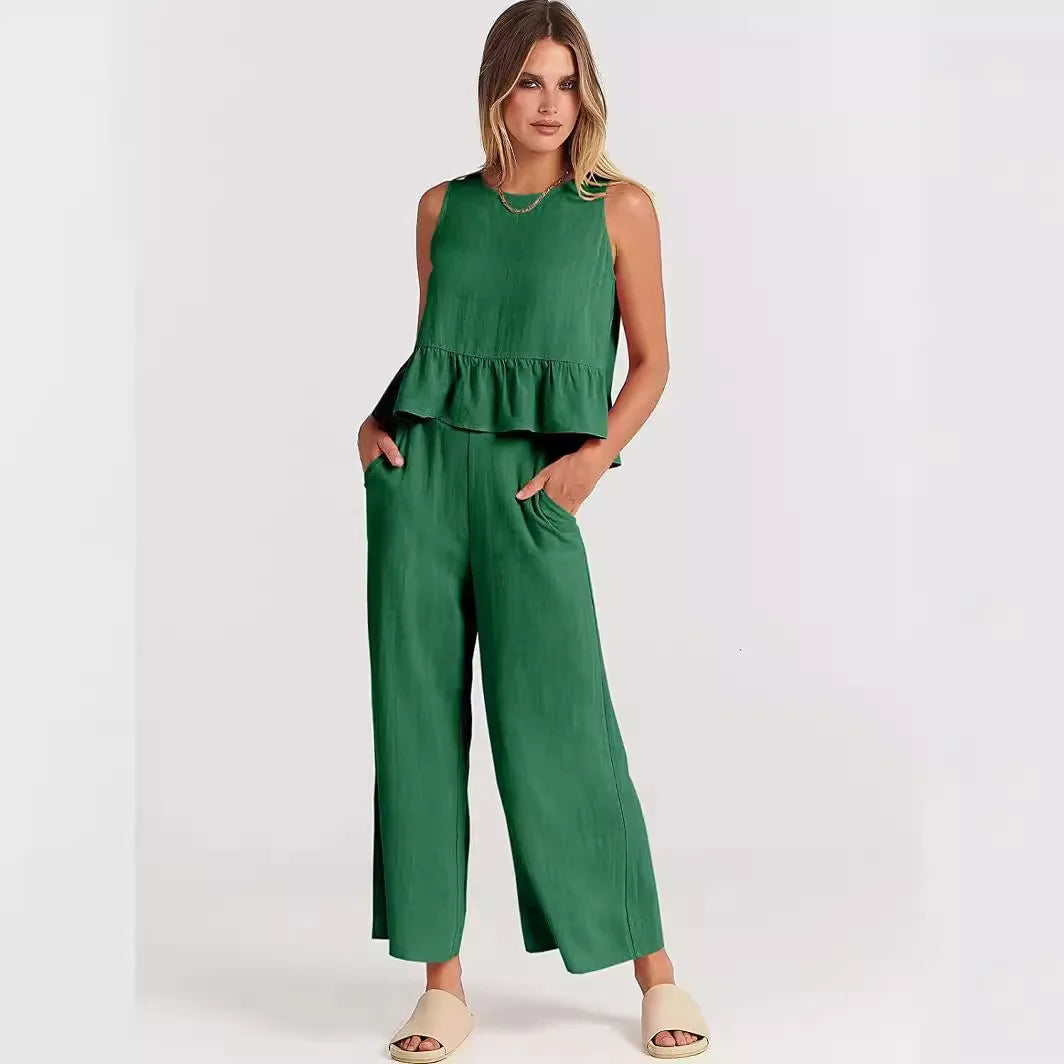 Women's S-3XL plus size Summer women's pleated sleeveless vest with wide leg straight leg cropped pants casual set
