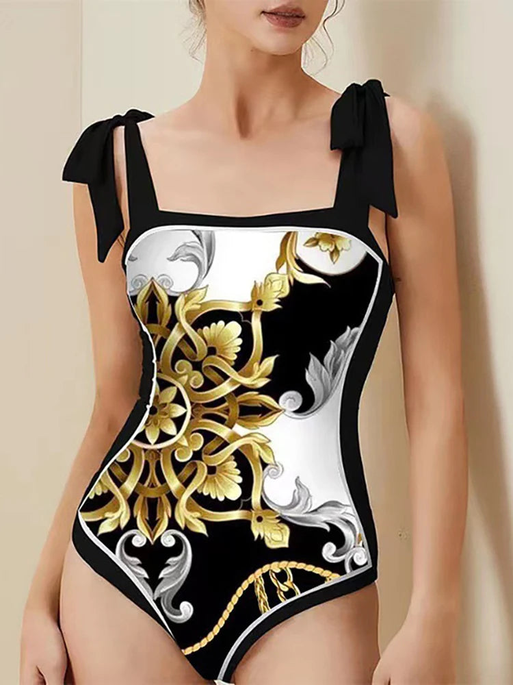 2024 New Fashion Double Sided Printed Lace Up One Piece Swimsuit Women 2023 Sexy High Waisted Lace Up Bikini Swimsuit Cover Up