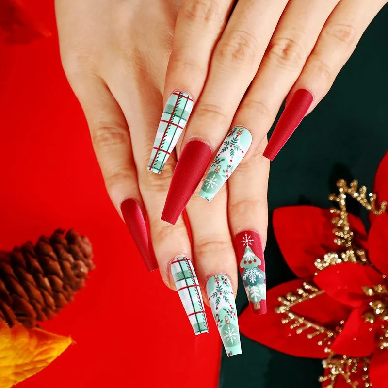 3D fake nails for Christmas party long french coffin tips snowflake christmas tree faux ongles press on acrylic false nail set 821 no box