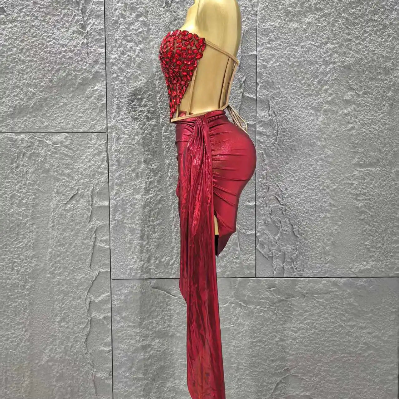 Shinning Crystal Women Sexy Strapless Laced-up 2 Pieces Bodycon Mini Dress Celebrate Nightclub Party Bar Singer Stage Wear