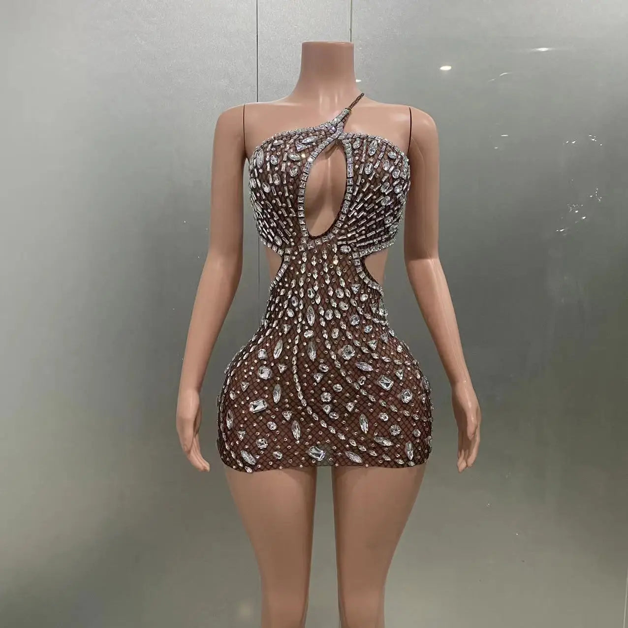 2024 New Fashion Women Sexy Off the Shoulder Mesh See Through Bodycon Mini Dress Crystal Nightclub Party Celebrate Stage Wear