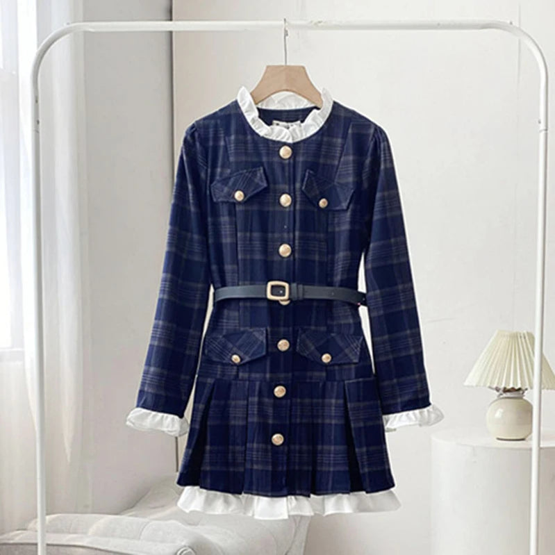 French Vintage Autumn Women Korean Fashion Elegant Party Mini Dress Female Long Sleeve Sweet One-piece Dress Navy Blue