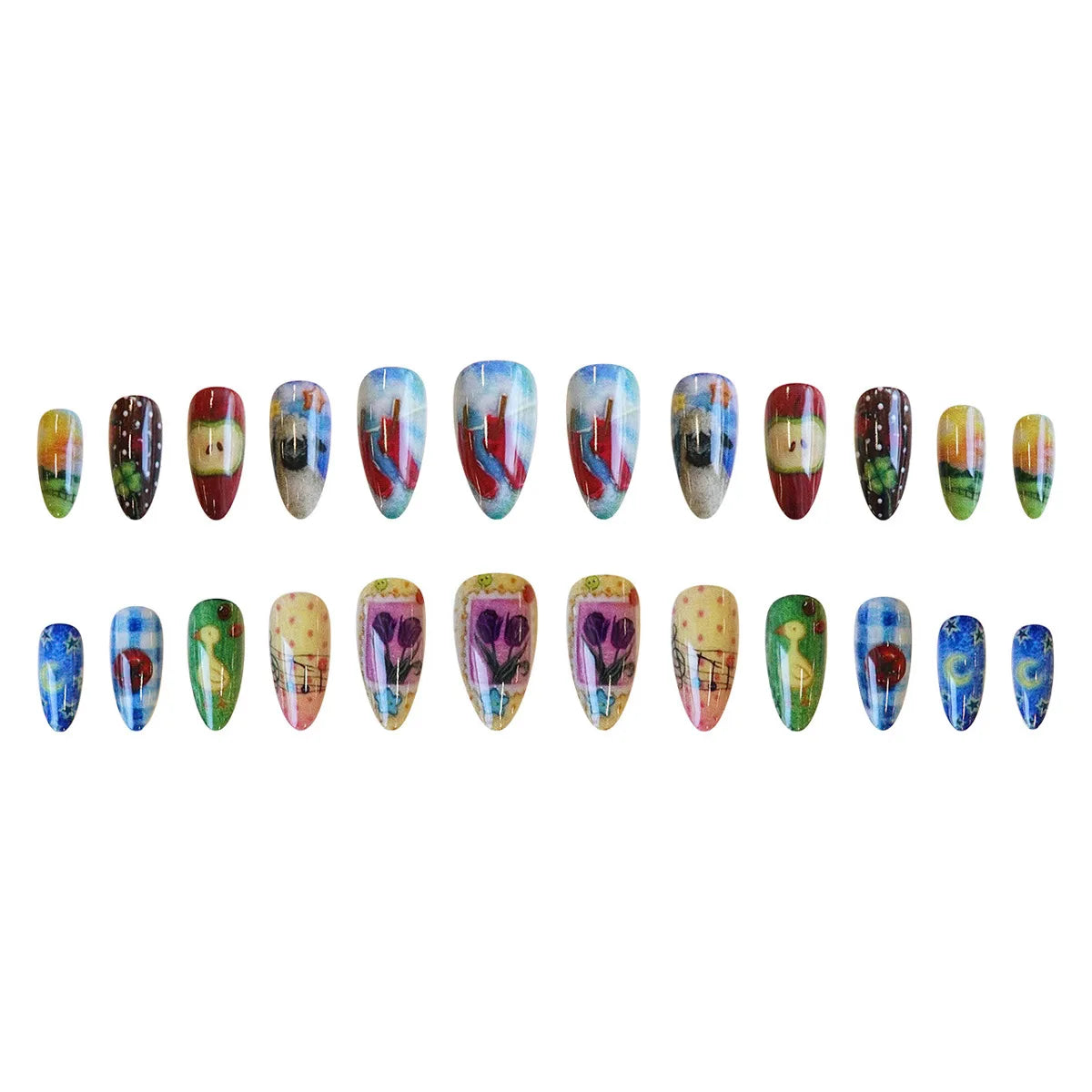 Lot de 24 faux ongles mignons en forme de dessin animé, imprimés à l'huile, motif amande, pour fille épicée