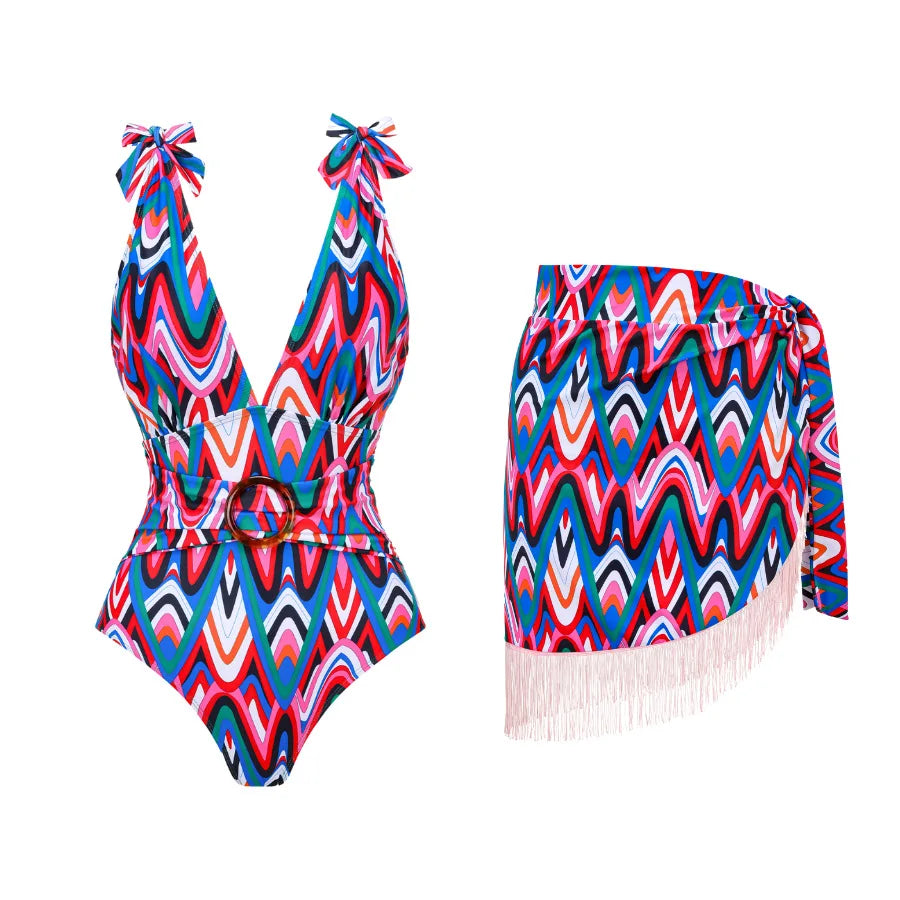 One Piece Swimsuit Bow Tie Shoulder Strap Swimwear Women Tassel Skirt Beachwear Luxury Bathing Suit New Beach Wear Vacation rd-1 set