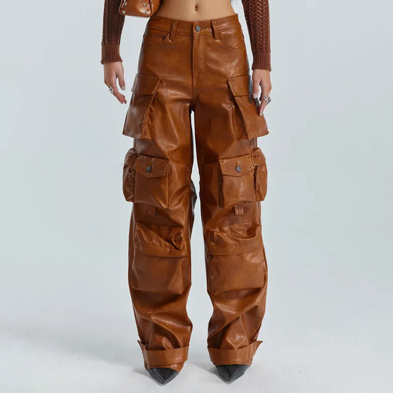 GetSpring Women Leather Pants Capris 2023 Autumn Multi Pockets High Waist Trousers Loose Casual All Match Long PU Cargo Pants brown