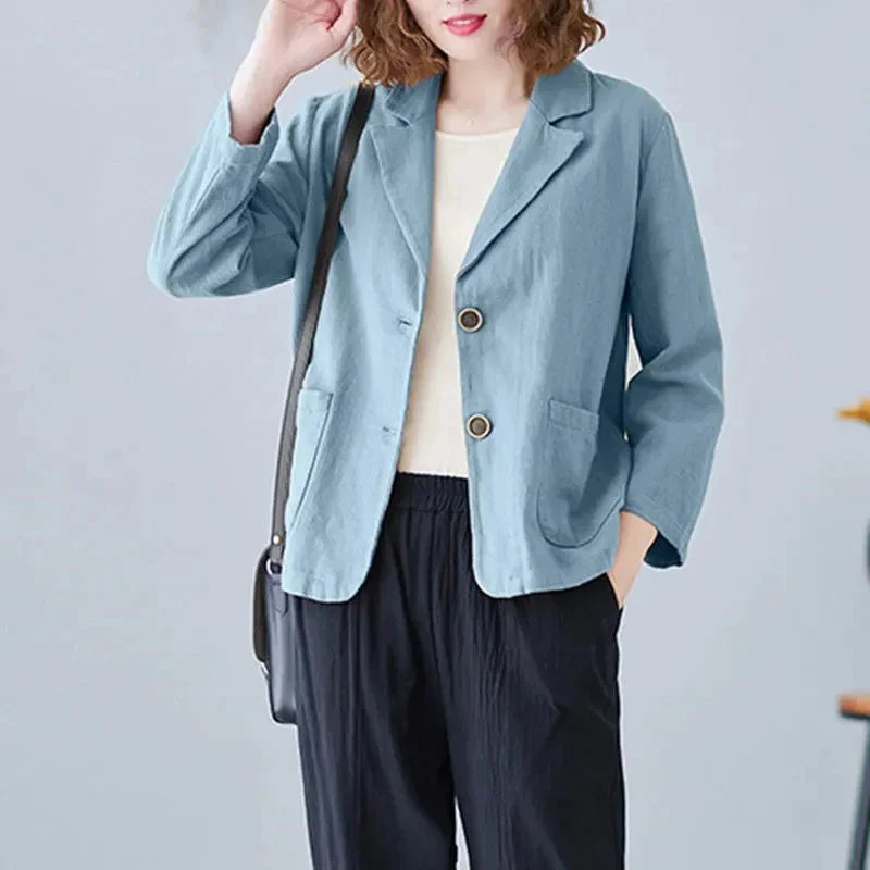 Ladies Cotton Linen Blazer Outerwear Korean Female Short Long Sleeved Suit Coat Spring Autumn Women Loose Fitting Blazer Jacket Blue
