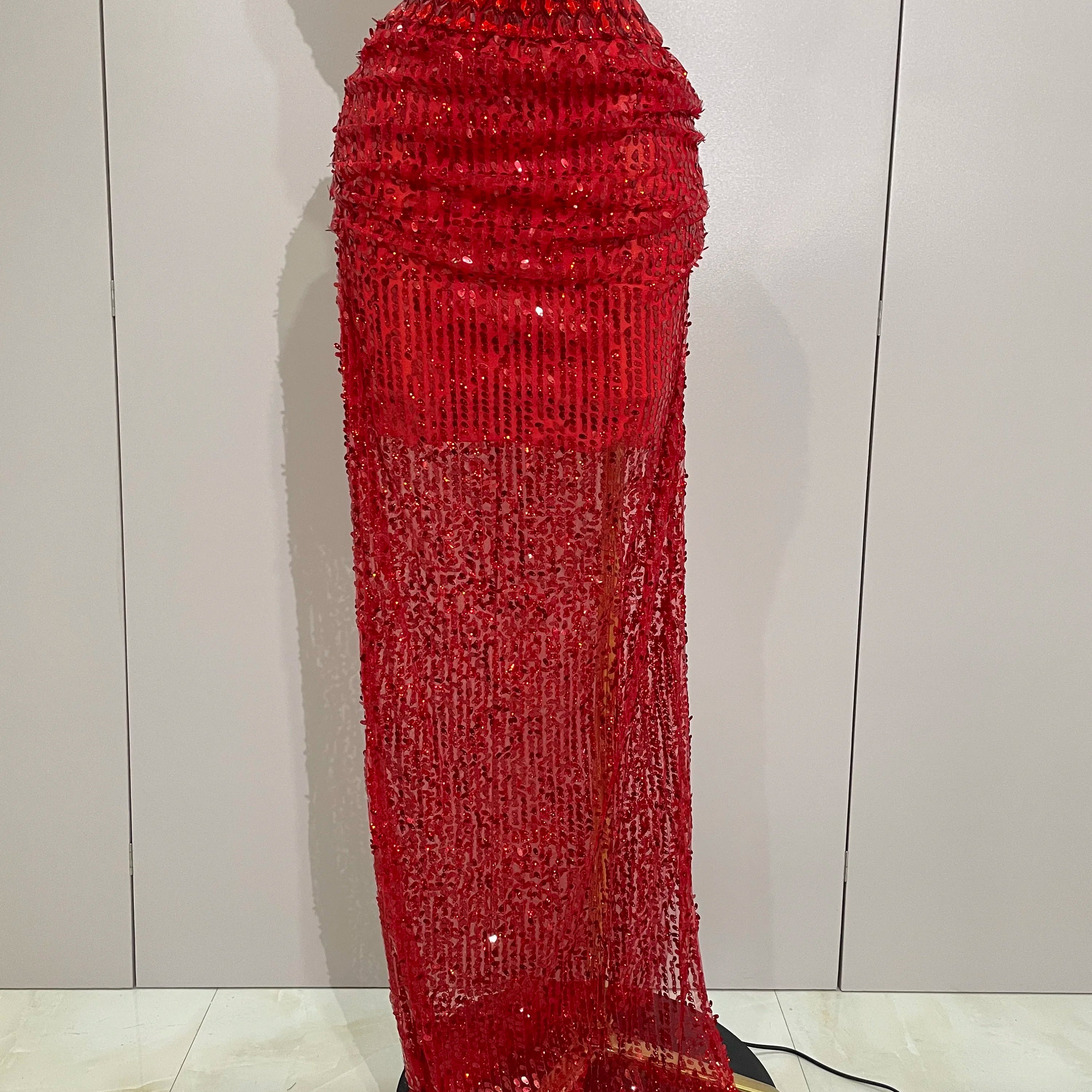 Sparkly Red Rhinestones Sequins Sexy See Through 2PCS Long Dress 2025Women Celebrate Evening Birthday Party Dress Stage Costumes