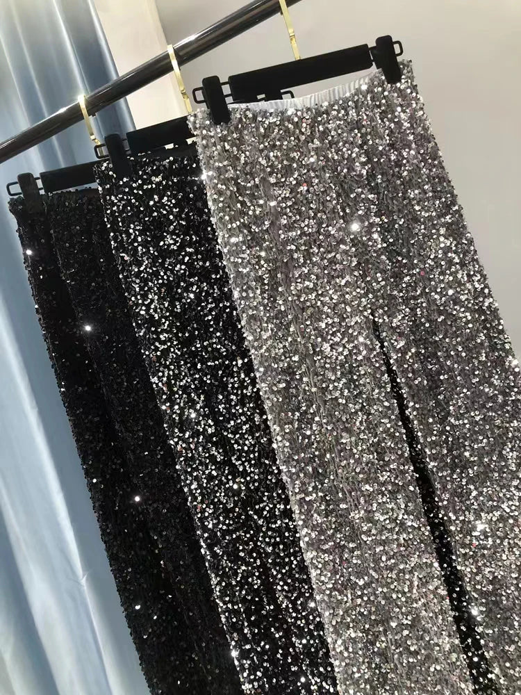 Y2k Pants Woman Elastic Waist Sequins Wide Leg Trousers Shiny Full Length Straight Female High Street