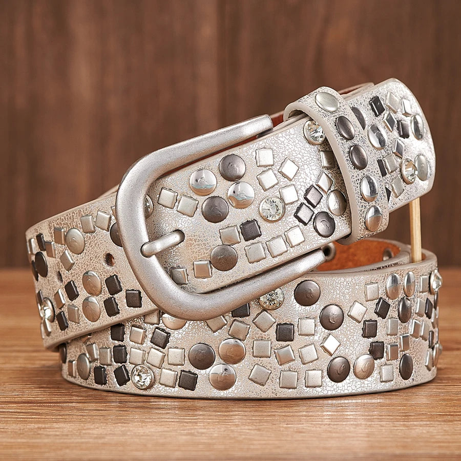 3.7CM PU Leather Rivet Belt Lady Fashion Rhinestone Women Studded Belts Female Rock Female Strap For Jeans Silver