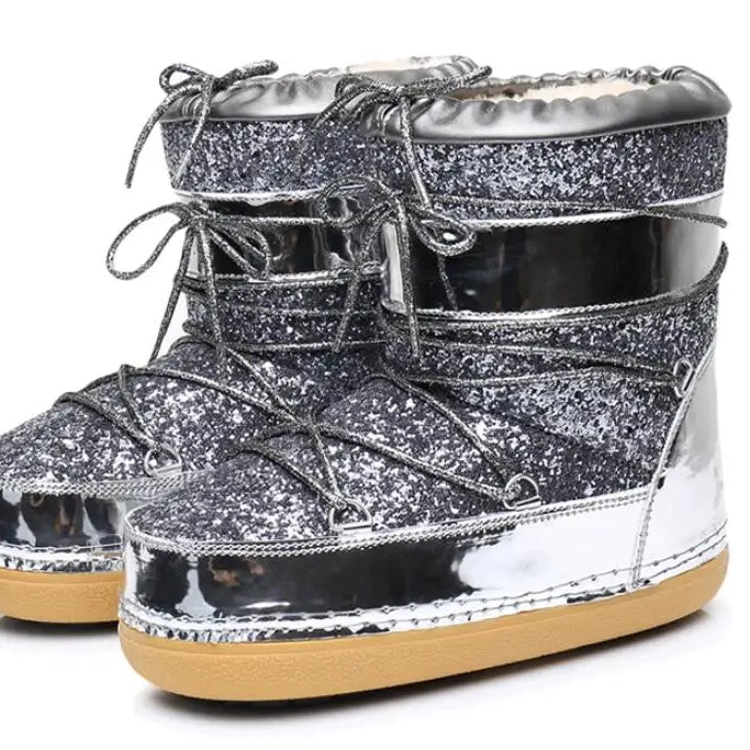 Winter Women Snow Boots Parent-Kid Waterproof Platform Non-slip Boots Children Boys Girls Lace-up Glitter Cotton Ski Boots silver